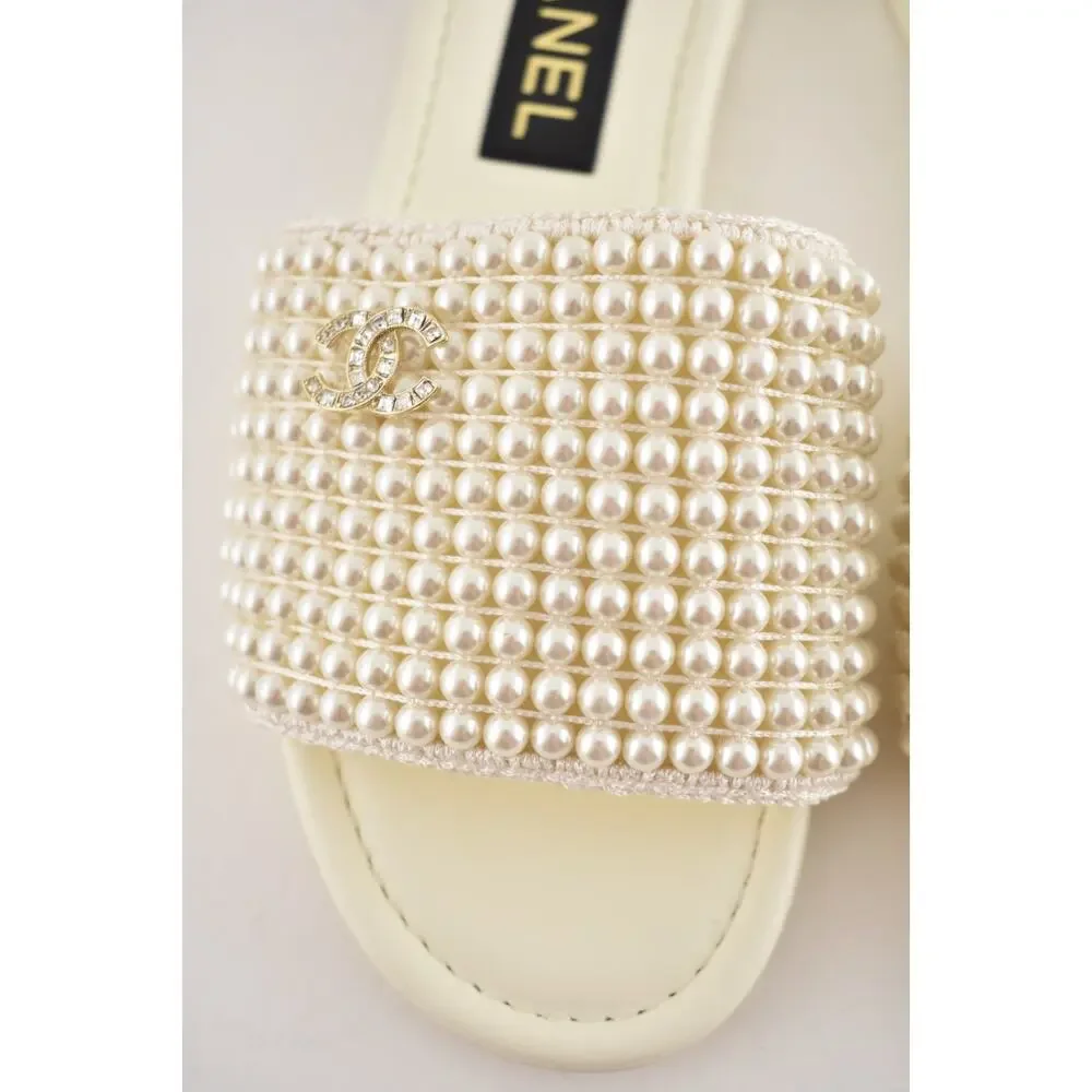 Chanel 25P Ivory White Pearl Embroidery CC Logo Slide Slip Sandal Mule Flat 36.5